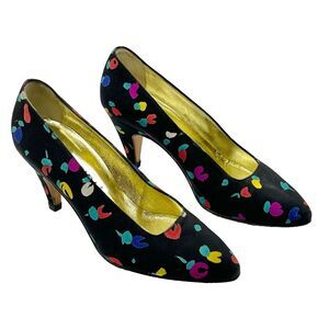 Unique Vintage Escada Mid Heels Pump Satin Cone Heel Black & All Over Color 5.5B